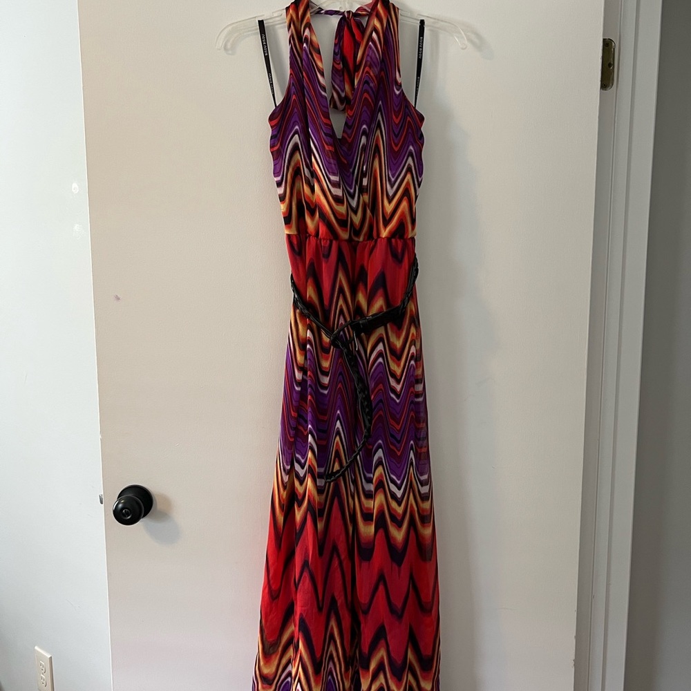 Digital Print Halter Maxi with Leather Belt